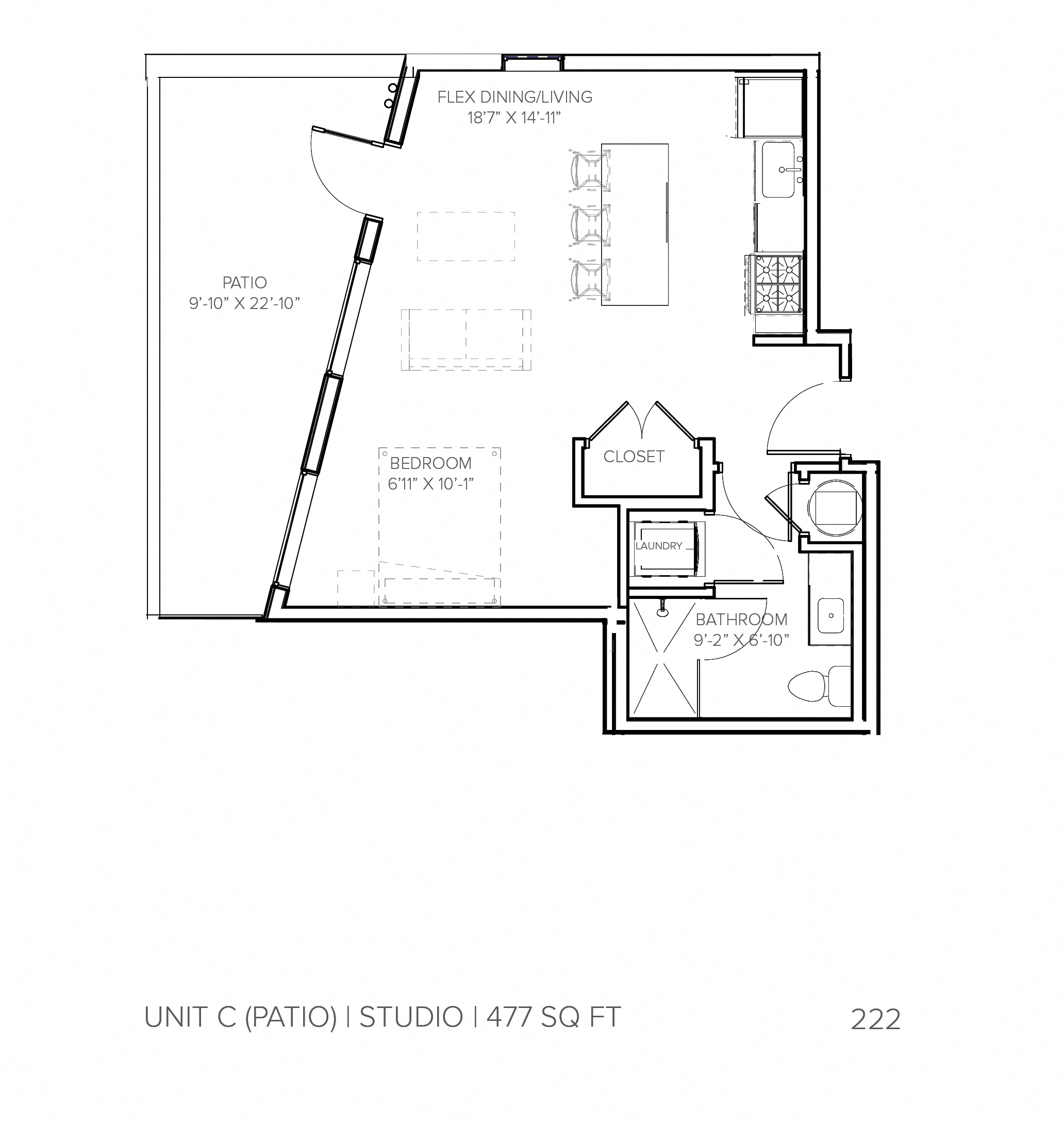 Floor plan for studio, 477 sqft